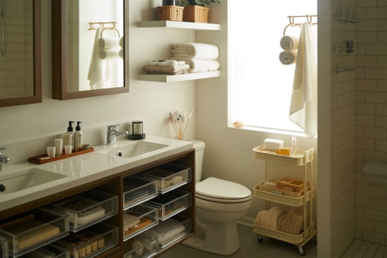 A neatly organized bathroom with a double sink, clear storage drawers, shelves holding towels and baskets, a toilet, and a rolling cart with toiletries; sunlight streams through a frosted window near a shower area.