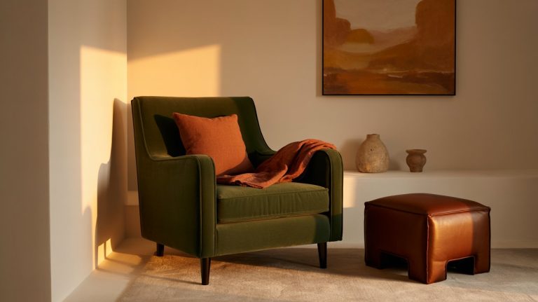 A cozy corner with a green armchair, rust-colored pillow, and blanket, next to a brown leather ottoman. Warm sunlight fills the room, which features pottery and a landscape painting on the wall.
