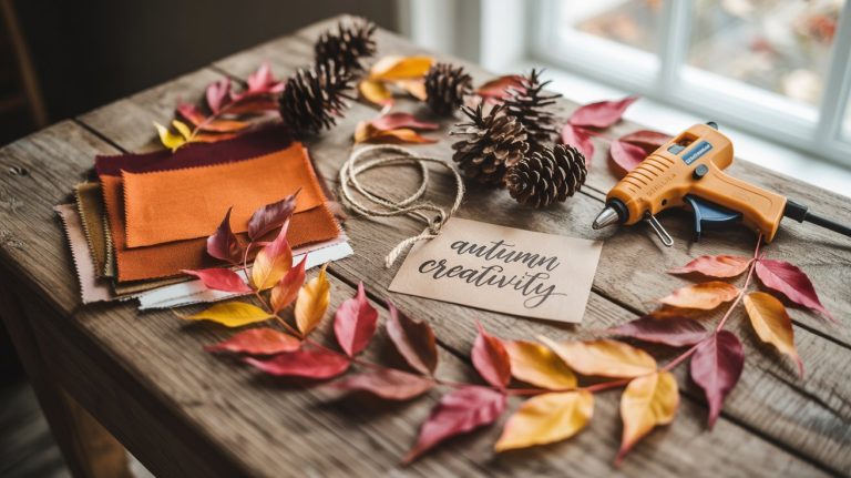 A rustic wooden table holds autumn leaves, pinecones, fabric swatches, twine, a hot glue gun, and a card reading autumn creativity, set by a window with soft daylight streaming in.