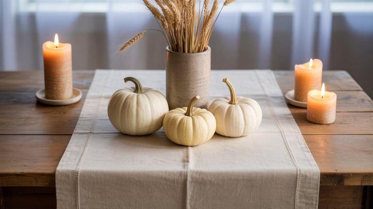 Three white pumpkins and a vase with dried wheat sit on a beige table runner, surrounded by three lit candles on a wooden table with soft light from a window in the background.