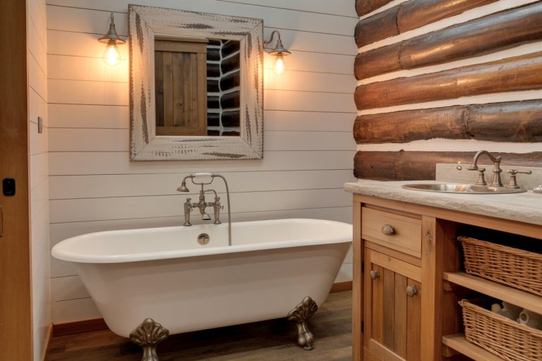 Rustic bathroom with a white clawfoot bathtub, wood vanity with baskets, a farmhouse sink, a large framed mirror, wall sconces, and wood panel and log walls. Warm lighting creates a cozy atmosphere.
