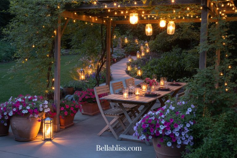 A wooden outdoor dining table under a pergola is set for a meal, surrounded by potted flowers and illuminated by string lights and lanterns, with a glowing pathway leading into a lush garden.
