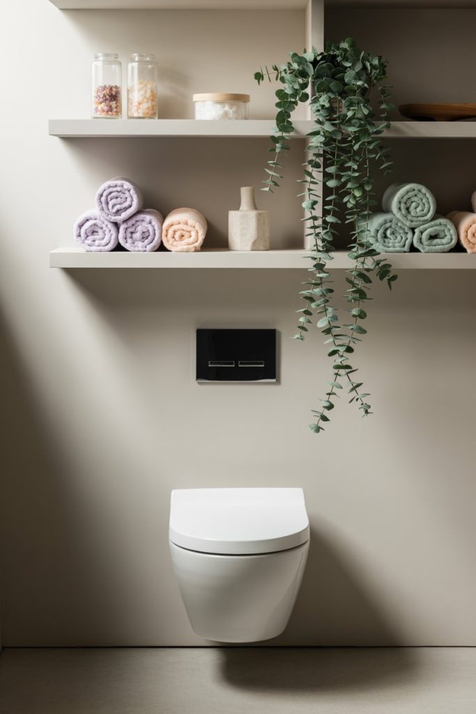 Minimalist bathroom with a wall-mounted toilet, shelves above holding rolled pastel towels, jars, decorative items, and a trailing green plant. Neutral color scheme and modern design.