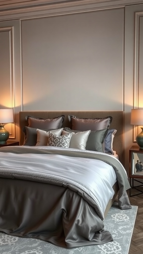 Luxurious grey bedding in a sophisticated bedroom setting.