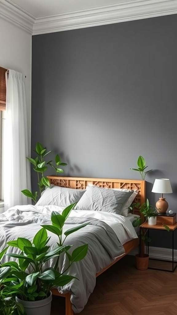 A cozy grey bedroom with wooden furniture and several green plants.