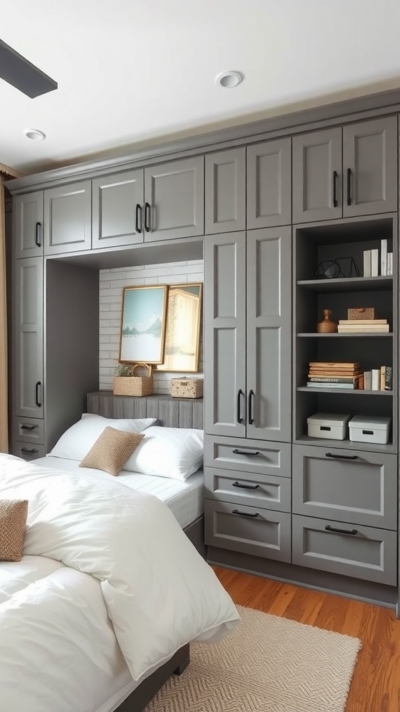 A stylish grey bedroom with built-in storage cabinets.