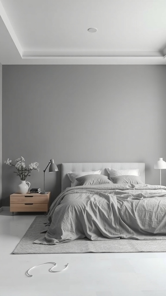 A stylish grey bedroom with a bed, nightstand, and decorative elements.