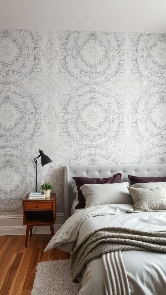 A stylish grey bedroom featuring patterned wallpaper, a cozy bed, and a bedside table.