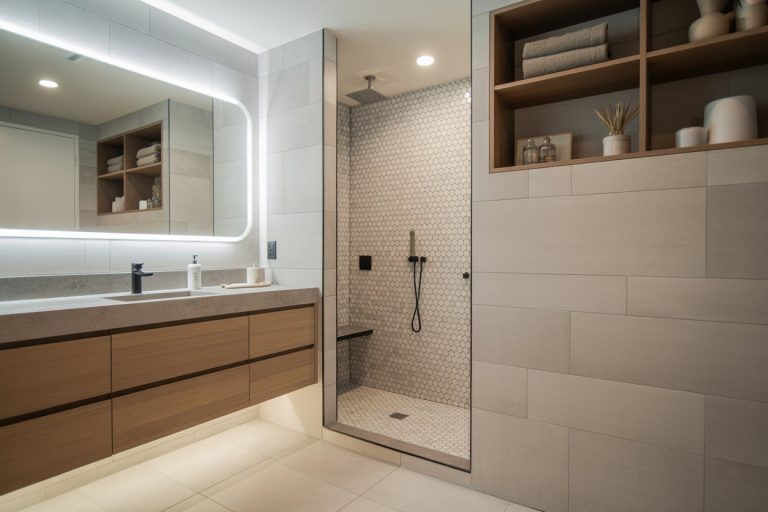 Modern bathroom with a large backlit mirror, wooden cabinets, open shelves, and a walk-in shower with a hexagonal tile pattern. Neutral colors create a clean, minimalist look.
