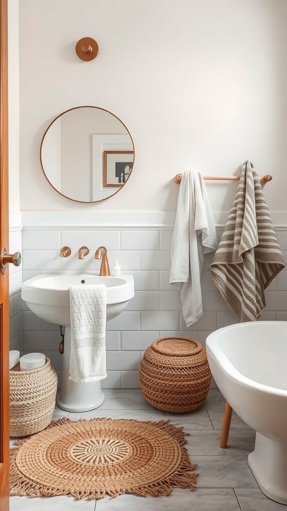 A stylish bathroom featuring natural fiber textiles, including woven baskets and a round rug, creating a cozy atmosphere.