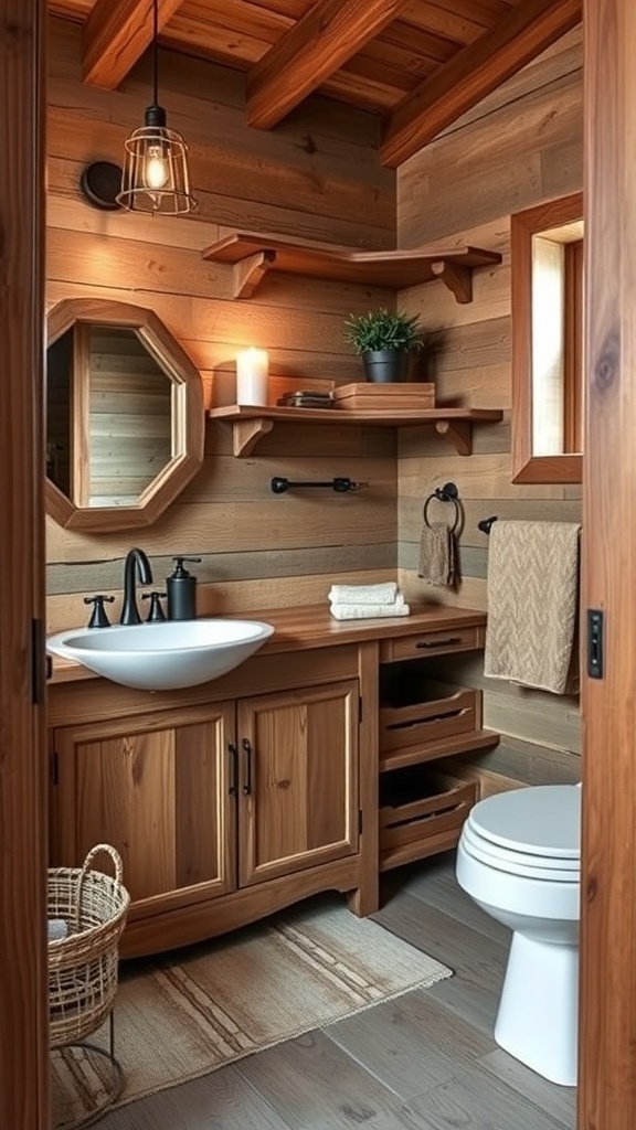 A rustic bathroom featuring reclaimed wood accents, open wooden shelves, and warm lighting.