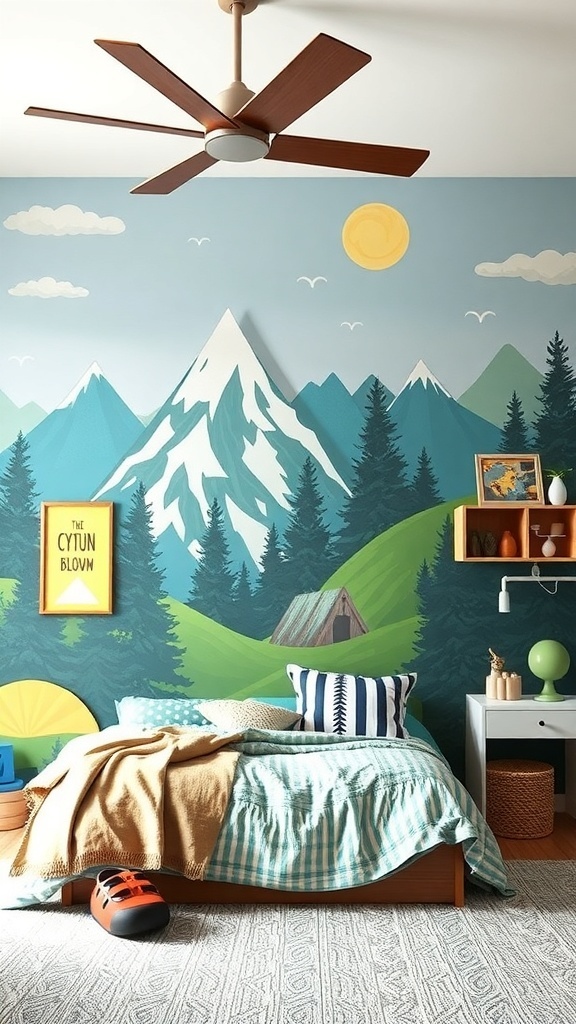 A boy's bedroom with a mountain mural, cozy bed, and bright decor.