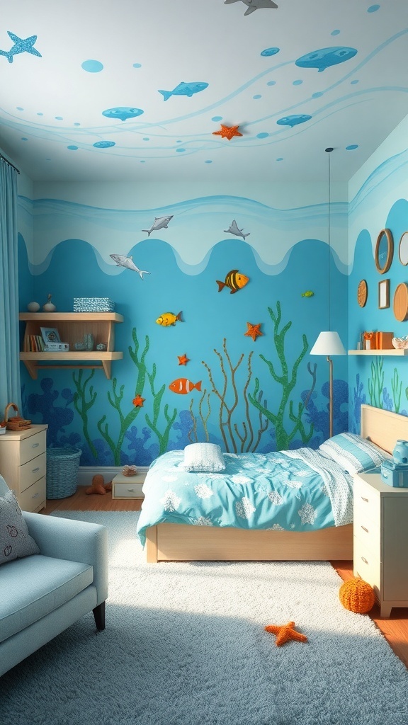 A boy's bedroom designed with an underwater theme, featuring ocean colors, fish murals, and a cozy bed.