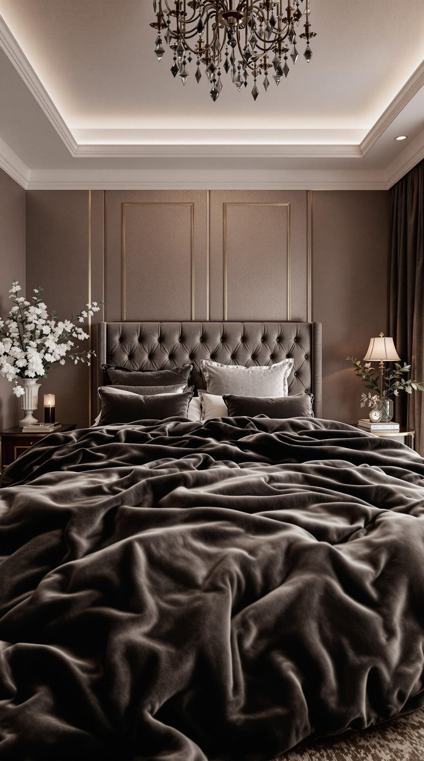 Luxurious bedroom with a tufted headboard, plush bedding, and elegant chandelier.