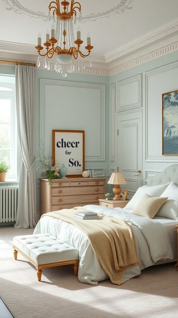 A serene bedroom featuring soft mint walls, warm wooden furniture, and cozy textiles.