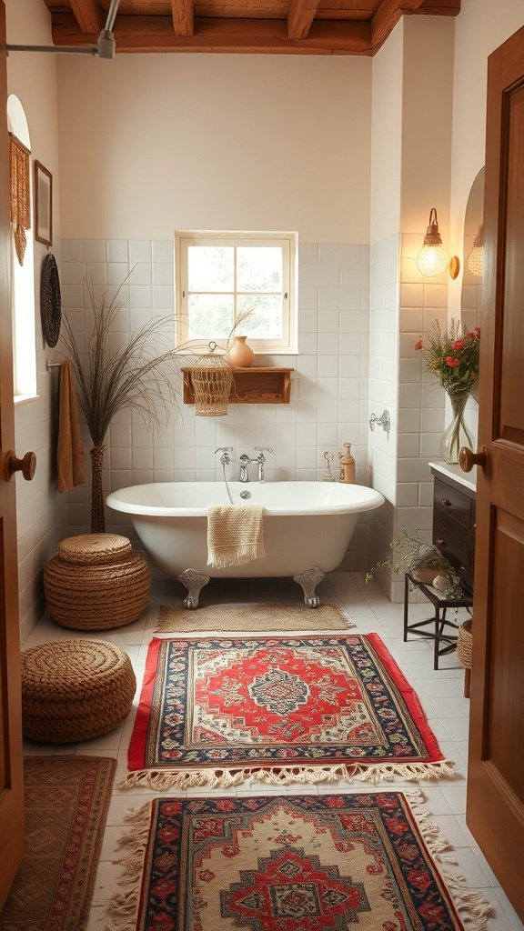 A boho-style bathroom featuring layered rugs, a freestanding bathtub, and natural decor elements.