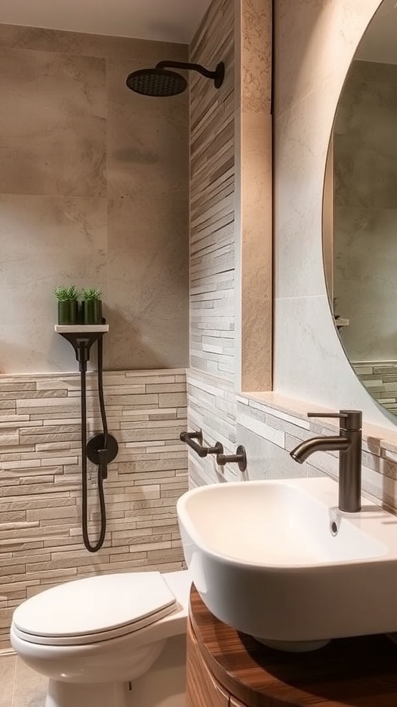 A modern bathroom featuring a natural stone backsplash with warm tones, minimalist cabinetry, and soft lighting.