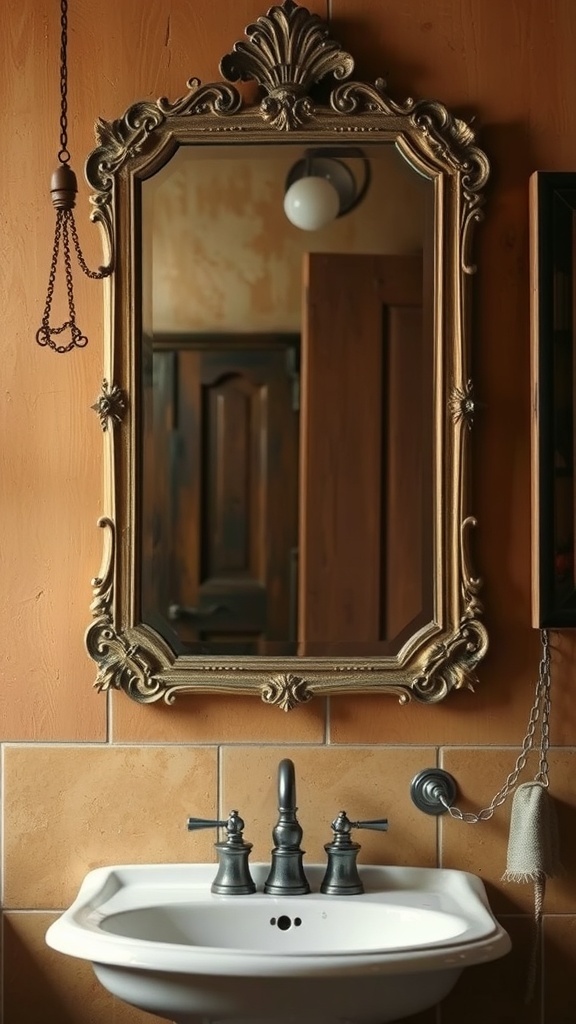 A vintage ornate gold-framed mirror above a classic sink in a rustic bathroom.