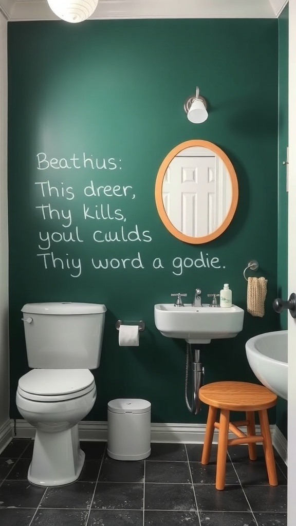 A kids' bathroom featuring a chalkboard paint accent wall with handwritten text, a toilet, a sink, and a wooden stool.