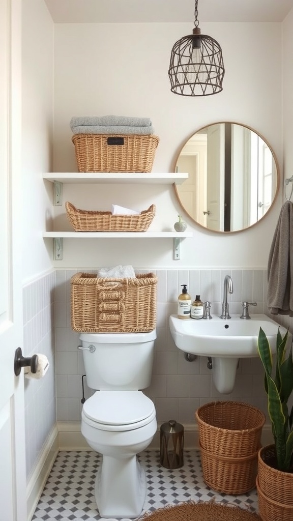 A stylish bathroom featuring woven baskets for storage, showcasing towels and toiletries.