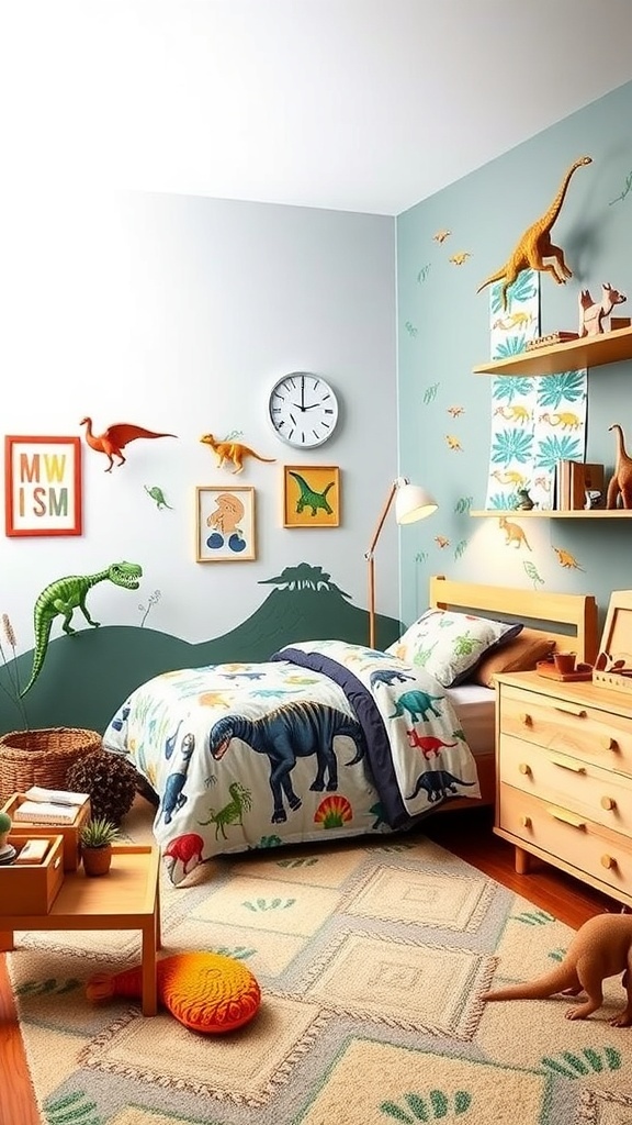 A colorful dinosaur-themed bedroom with playful decor and fossil accents.