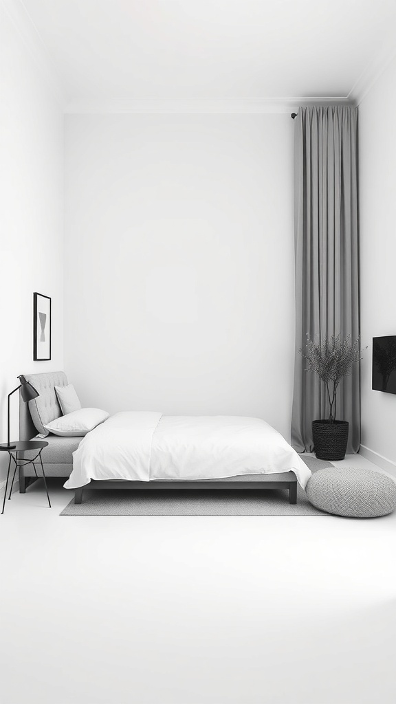A minimalist black and white bedroom featuring a bed, chair, and decorative elements.