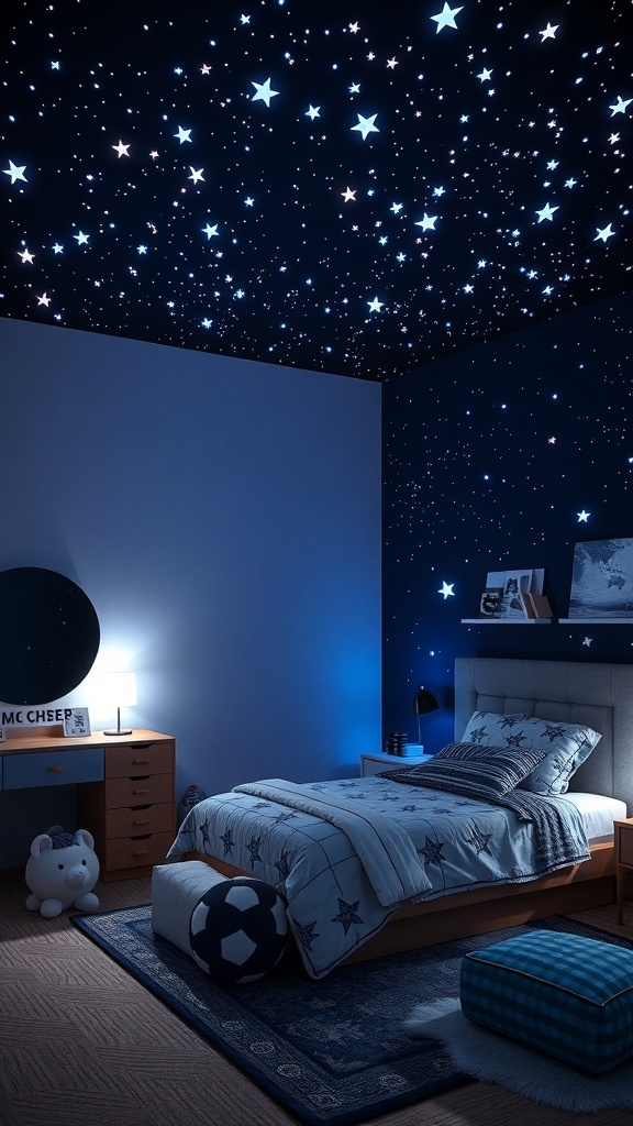 A cozy boys bedroom with glow-in-the-dark stars on the ceiling, dark blue walls, and star-patterned bedding.