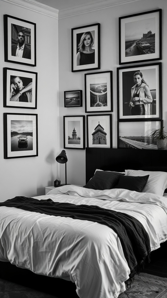 A stylish bedroom featuring a bed with white bedding and black accents, surrounded by a gallery wall of black and white photographs.