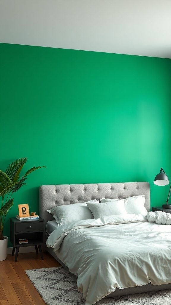 A bedroom featuring a lush green accent wall, gray bedding, and a plant.