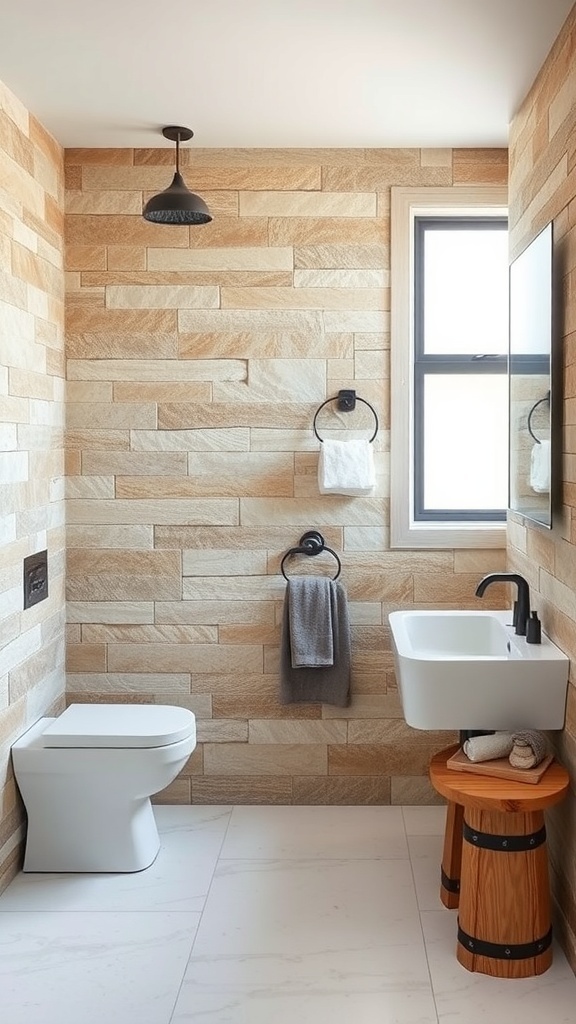 A rustic bathroom featuring natural stone walls, a modern sink, and wooden accents.