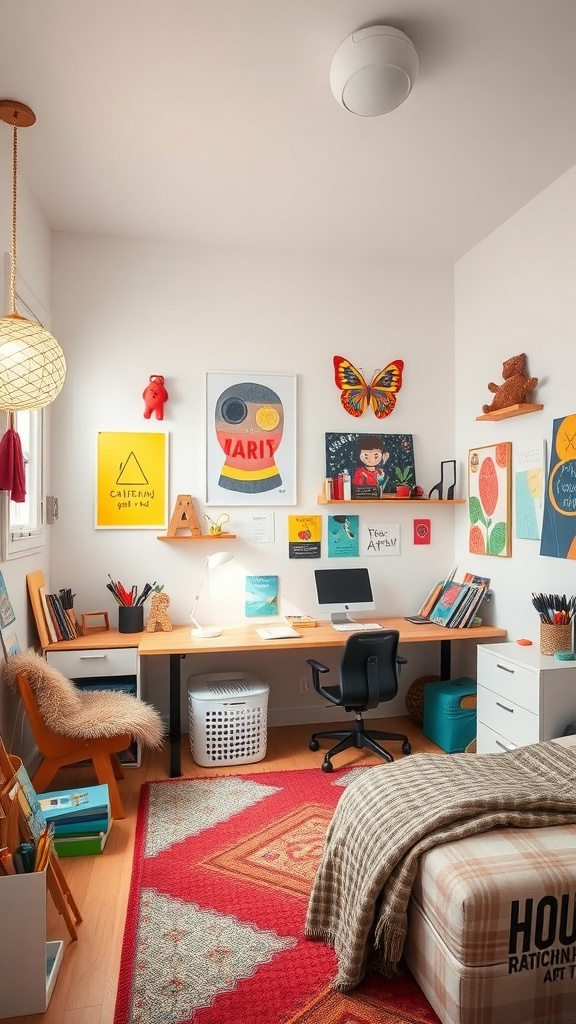 A colorful art studio room with a desk, art supplies, and vibrant wall decorations.