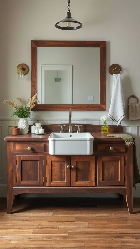 A reclaimed wood vanity with a farmhouse sink, large mirror, and warm lighting.