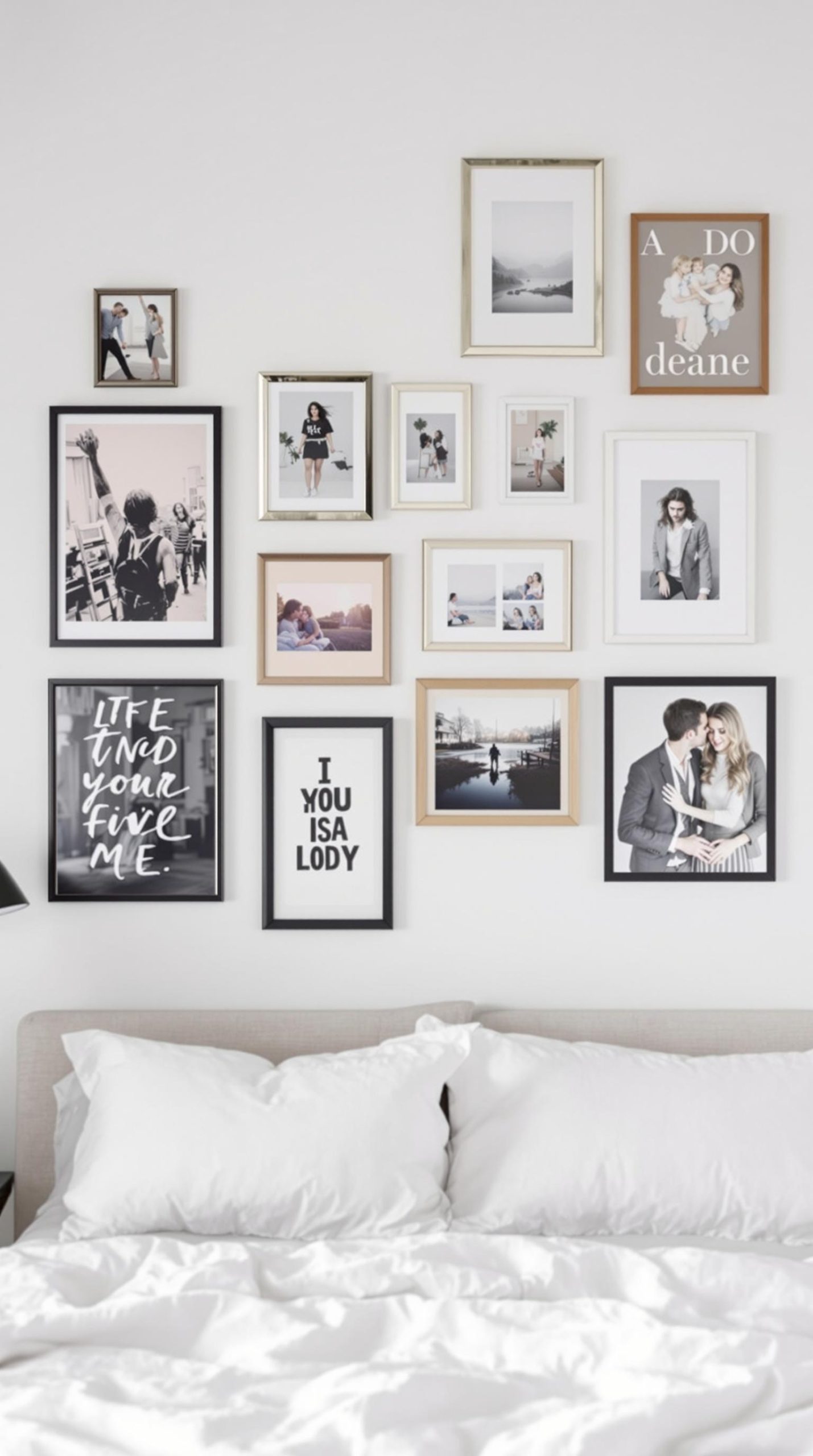 A personalized gallery wall featuring various framed photos and art pieces above a bed.