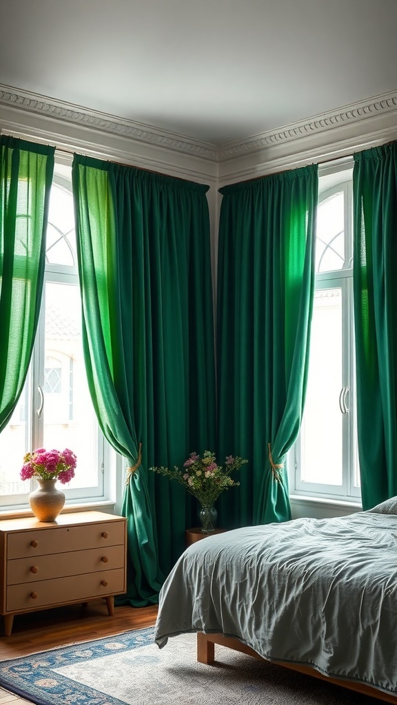 A bedroom featuring dramatic green curtains, a wooden dresser, and a cozy bed.