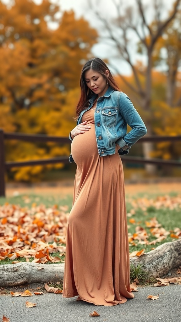 Pregnant woman wearing a denim jacket and a maxi skirt in a fall setting