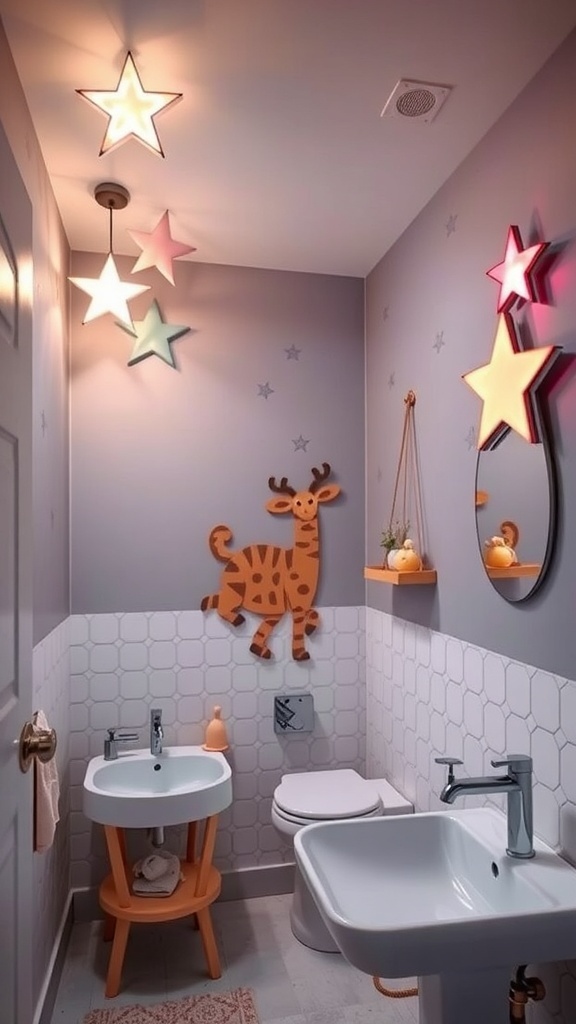 A colorful kids bathroom featuring star-shaped light fixtures and a playful giraffe decoration on the wall.