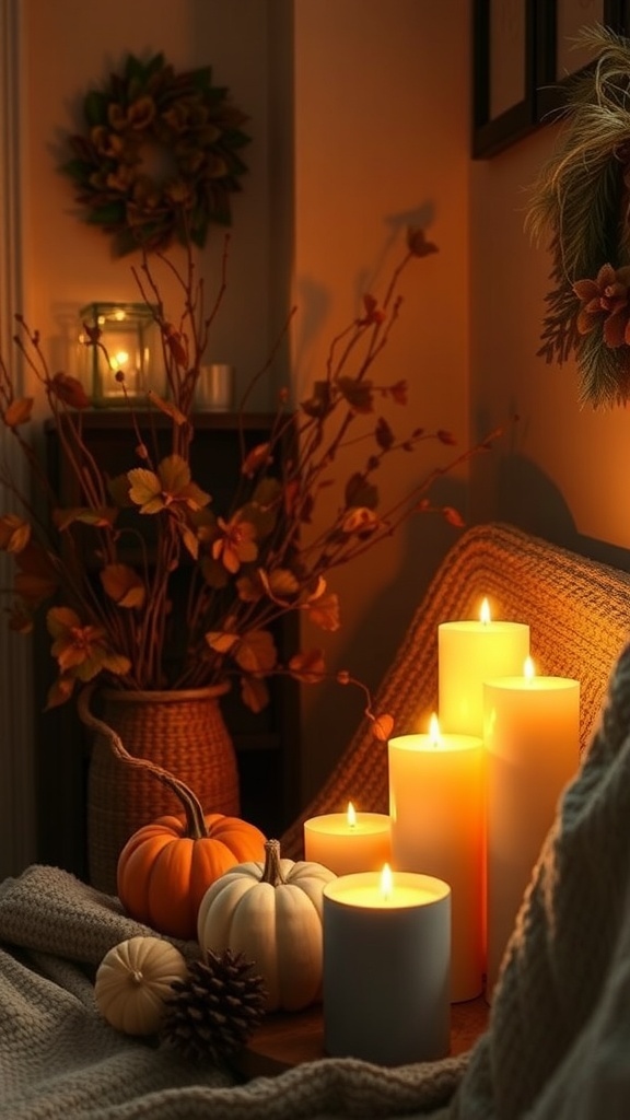 A cozy setup with cinnamon scented candles, pumpkins, and warm blankets.
