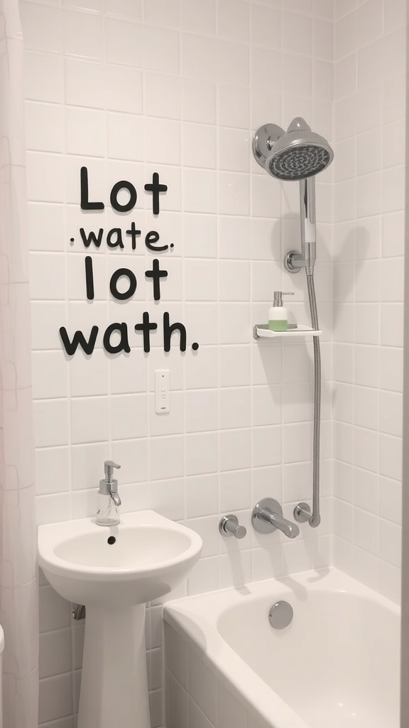 A clean bathroom with a shower and tub, featuring playful wall art that reads 'Lot. wate. lot wath.'