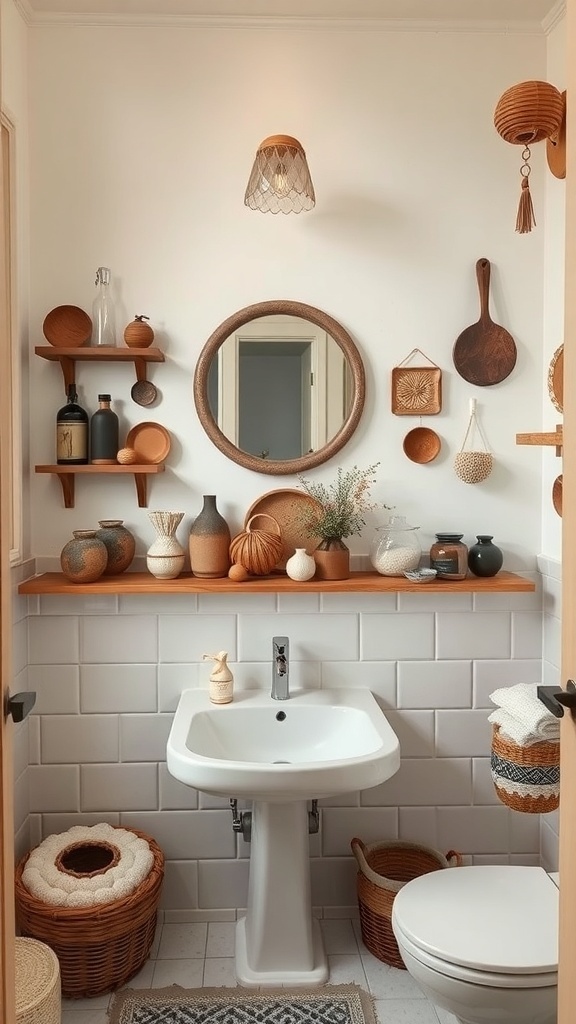 A cozy boho bathroom featuring wooden shelves, a round mirror, various decorative vases, and woven baskets.