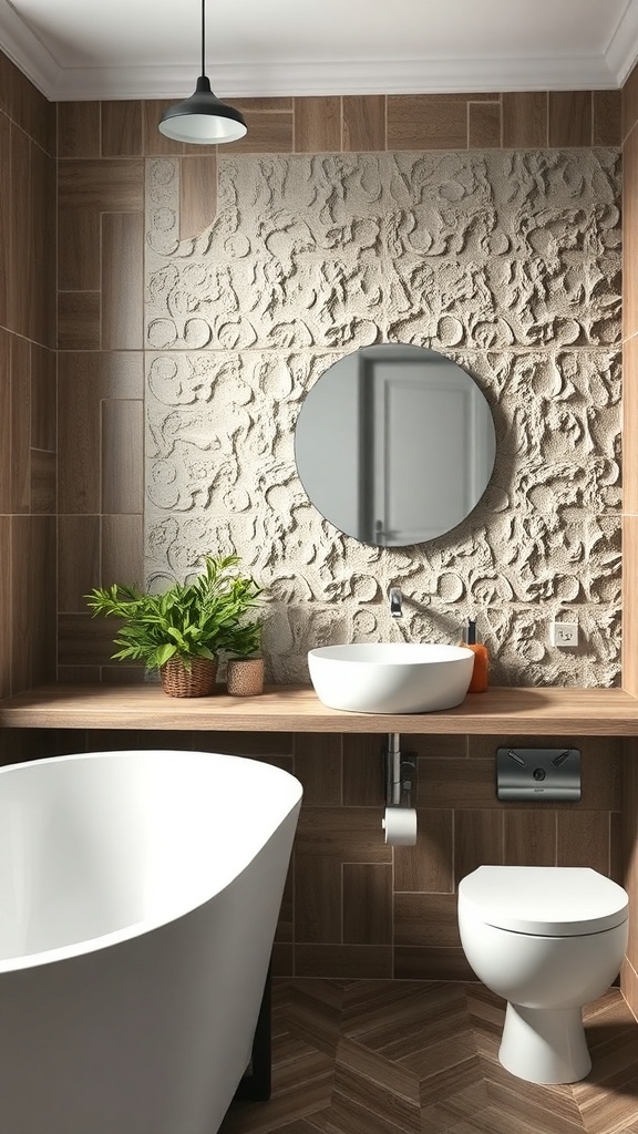 A modern bathroom featuring a textured backsplash, round mirror, wooden shelf, and plants.