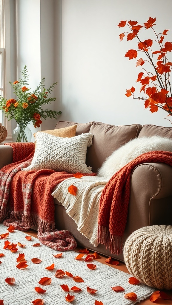 A cozy living room with warm knit throws and pillows in fall colors.