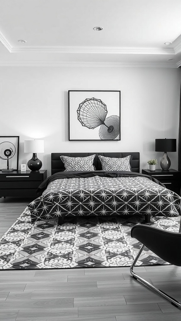 A stylish black and white bedroom with geometric patterns on bedding and rug, featuring modern furniture and wall art.