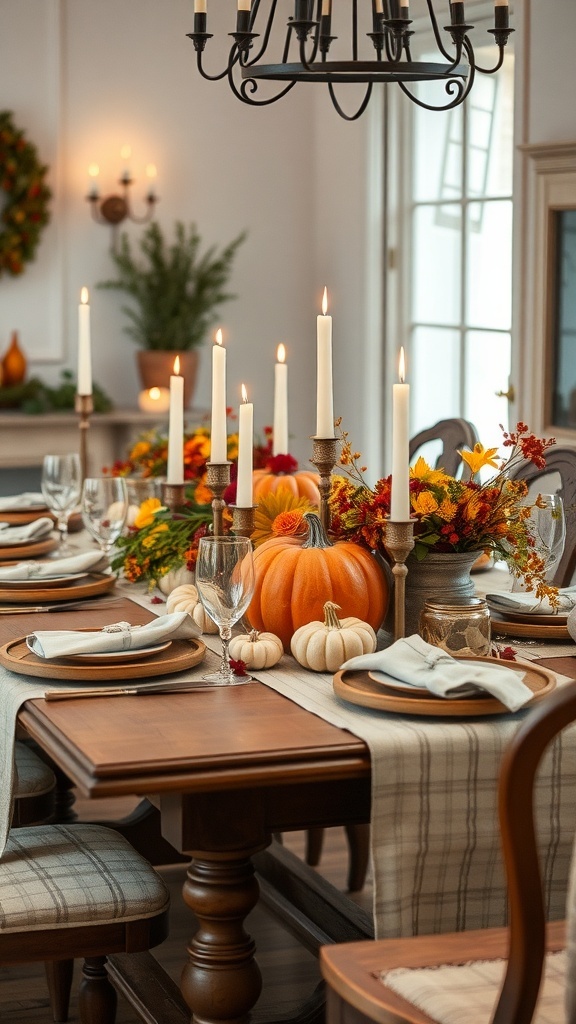 A rustic fall table setting with pumpkins, flowers, and candles.
