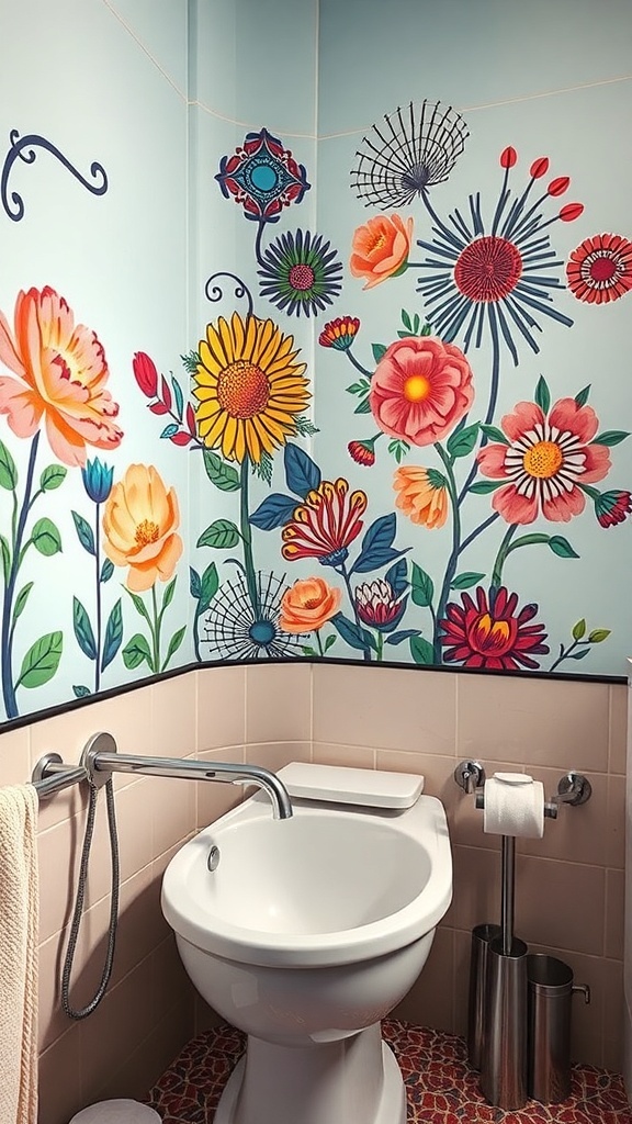 A colorful floral mural painted on a bathroom wall, featuring various flowers against a light blue background.