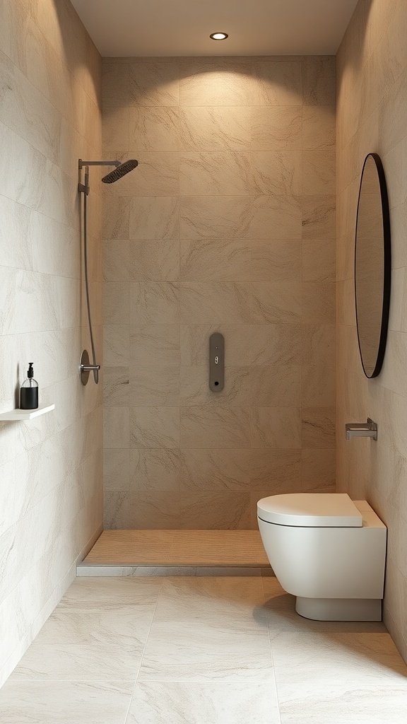 A modern bathroom with natural stone tiles, featuring a shower area and a round mirror.