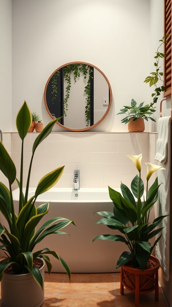 A modern bathroom with a bathtub, round mirror, and various air-purifying plants.
