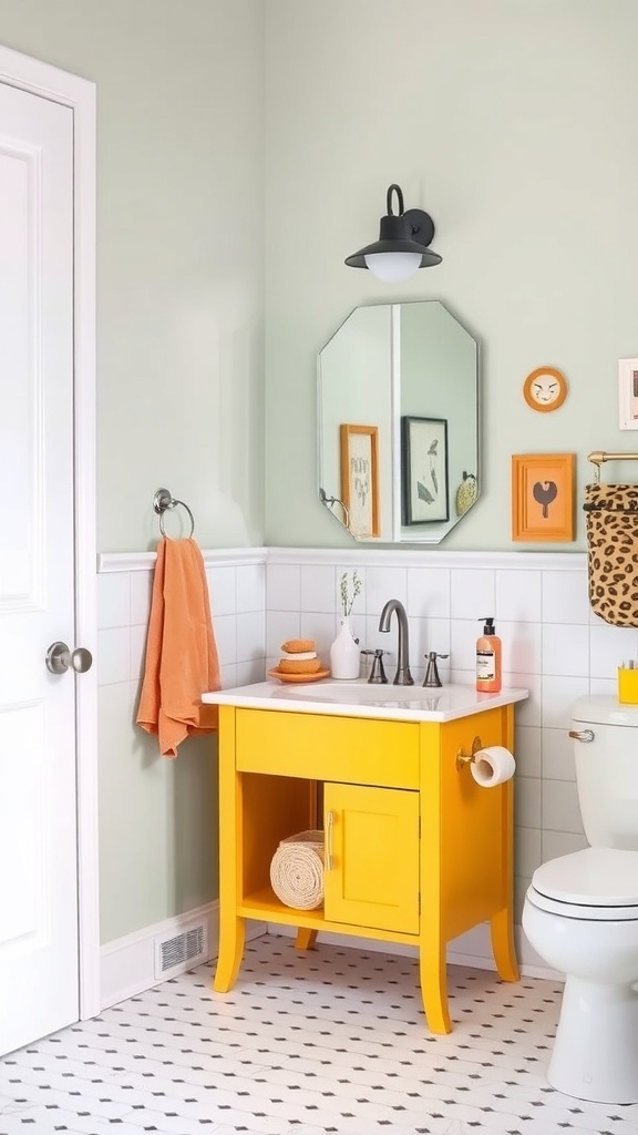 A bright yellow vanity in a kids' bathroom with a green wall and playful decor.
