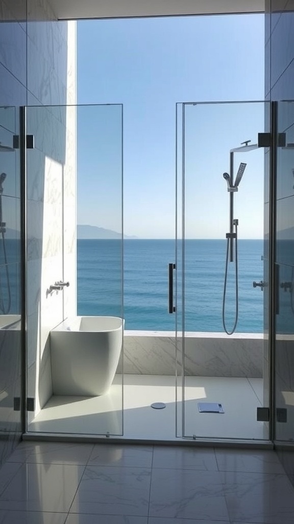 A modern bathroom featuring a glass shower enclosure with ocean views, a freestanding tub, and a bright, open design.