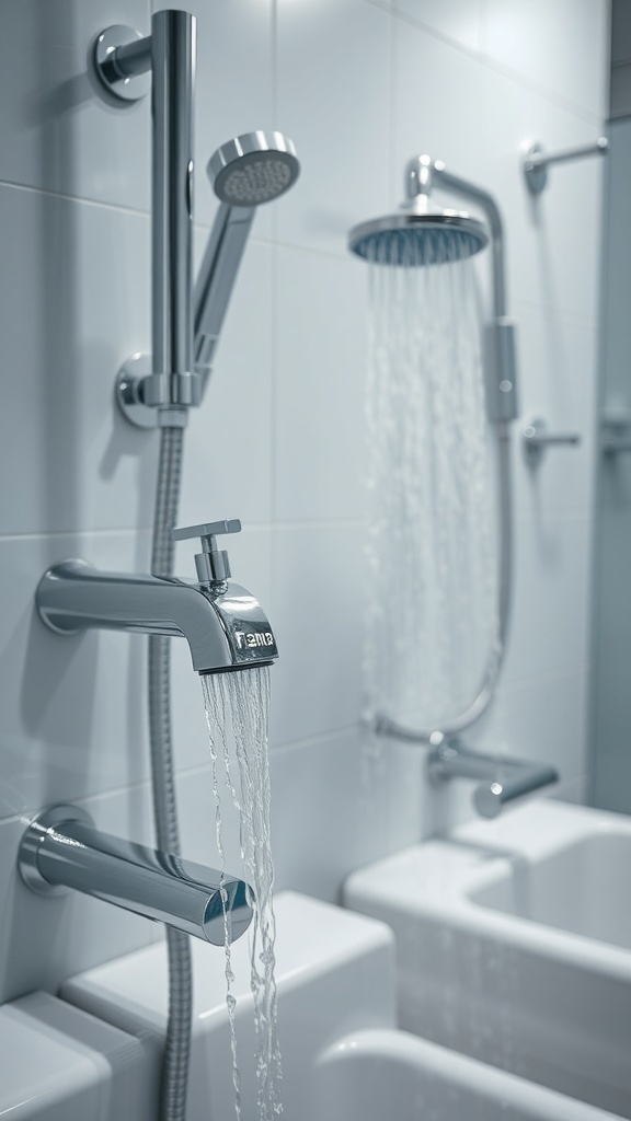 Modern water-saving bathroom fixtures including a faucet and showerhead