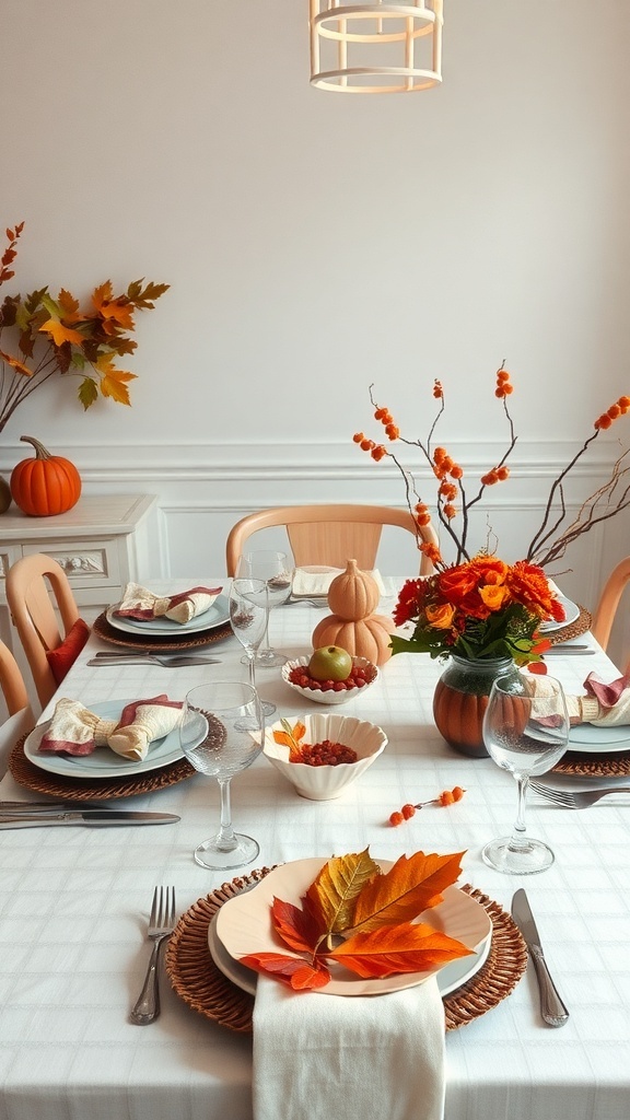 A beautifully arranged autumn table setting with leaves, pumpkins, and flowers.